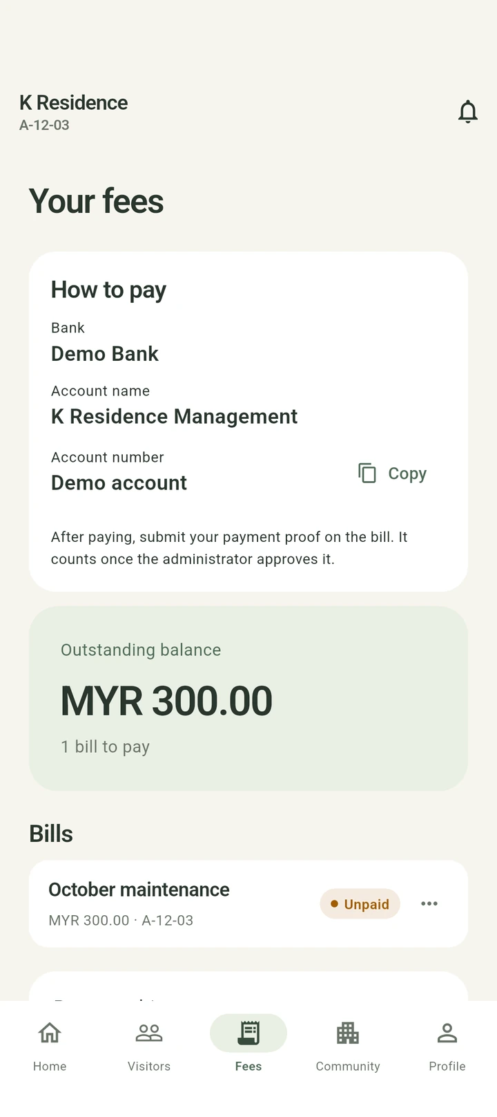 Real K Facilities Android screen: Maintenance fees.