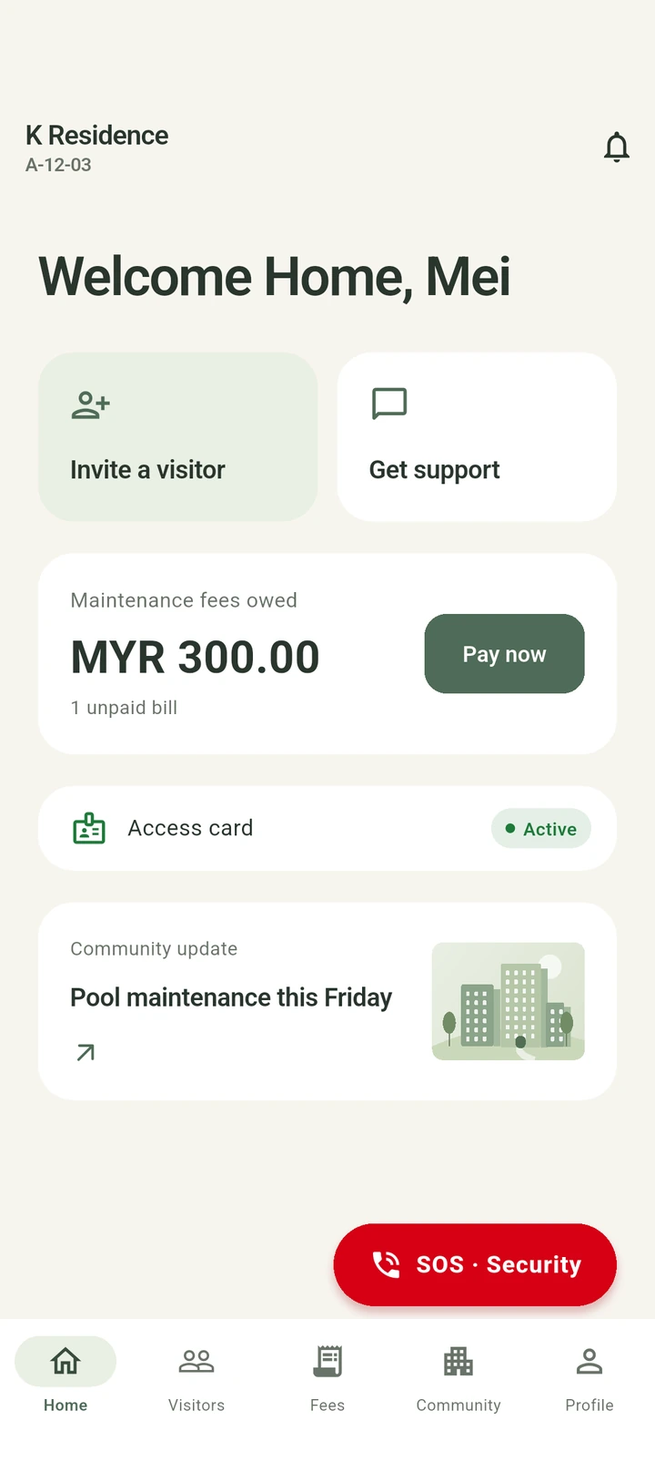 Real K Facilities Android screen: Welcome home