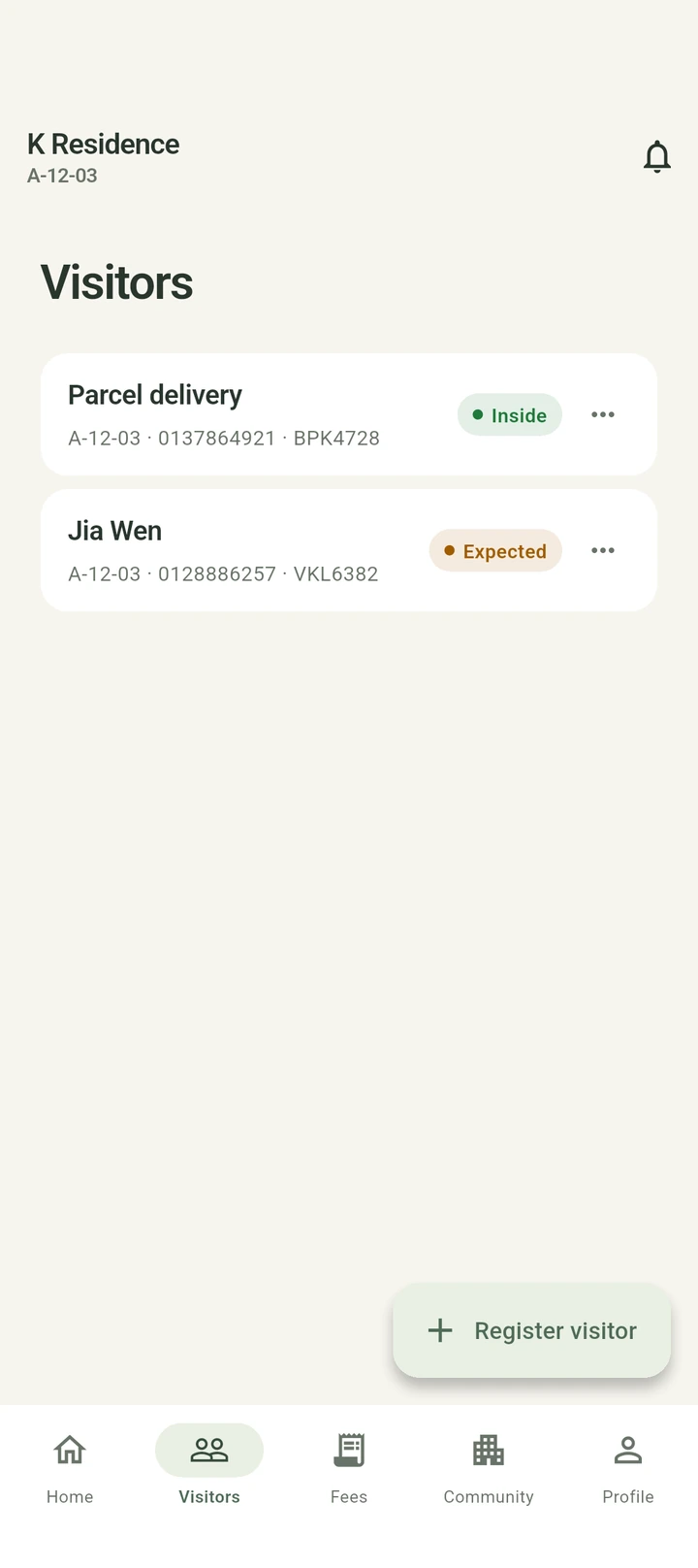 Real K Facilities Android screen: Visitor passes